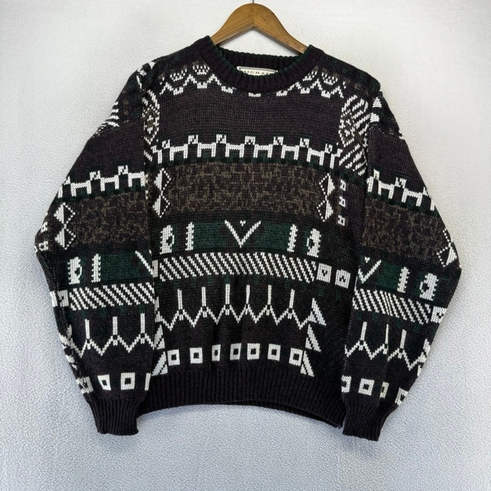 Vintage Michael Gerald Sweater Mens XL Purple Green Geometric 90s Knit Grandpa